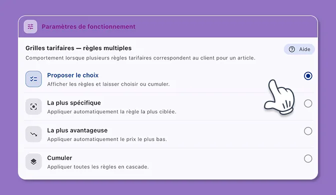 Capture d’écran : Gestion des tarifs en cascade