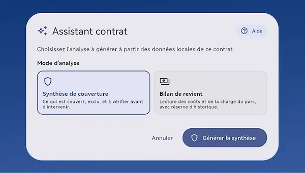 Capture d’écran : Contrat de maintenance — synthèse de couverture IA avant d'entrer