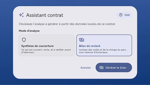 Capture d’écran : Contrat de maintenance — bilan de revient IA & machines chronophages