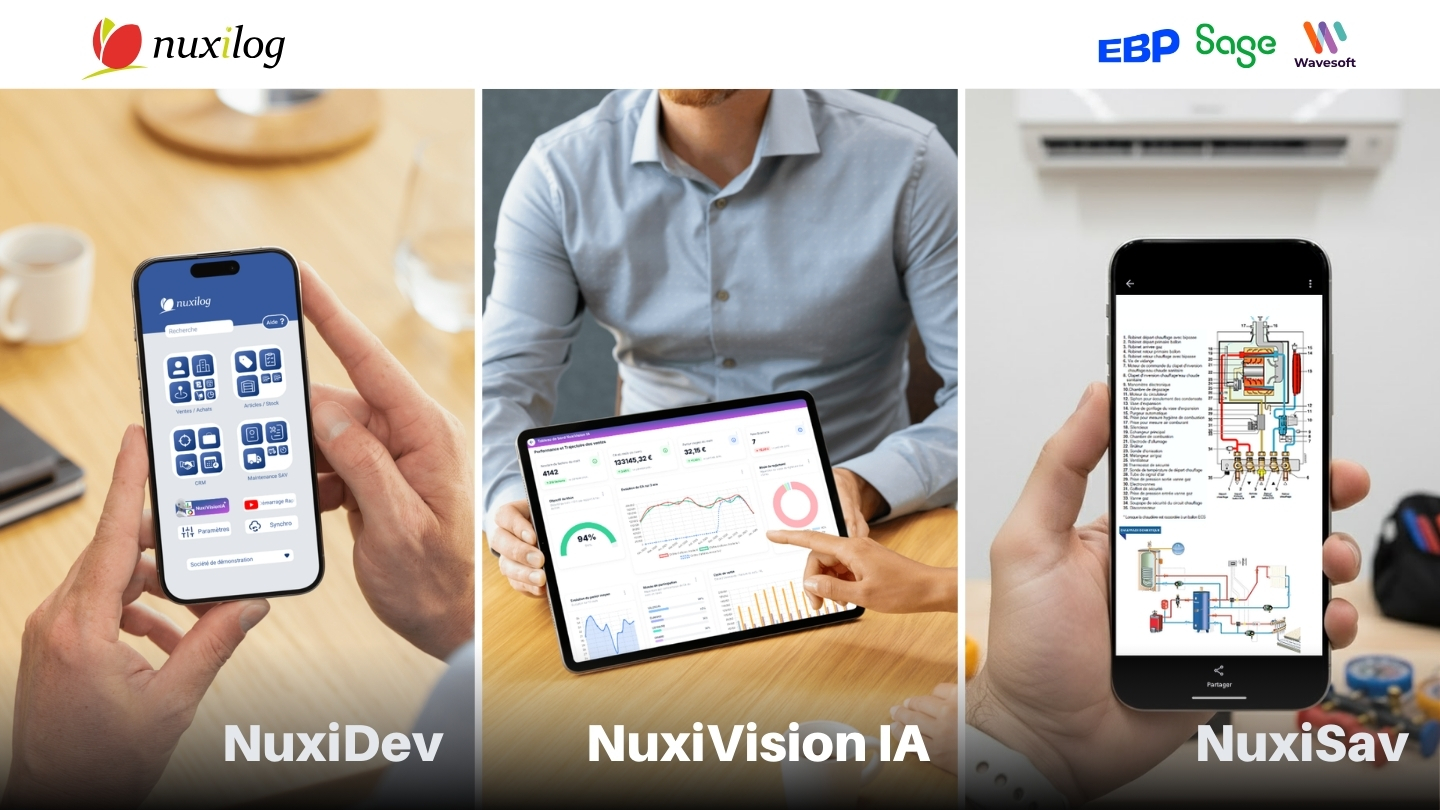 NuxiDev, NuxiSav, NuxiVision IA — trois extensions synchronisées à votre ERP pour équiper vos commerciaux itinérants, structurer vos interventions terrain et fournir à la direction des tableaux de bord personnalisés mis à jour automatiquement.